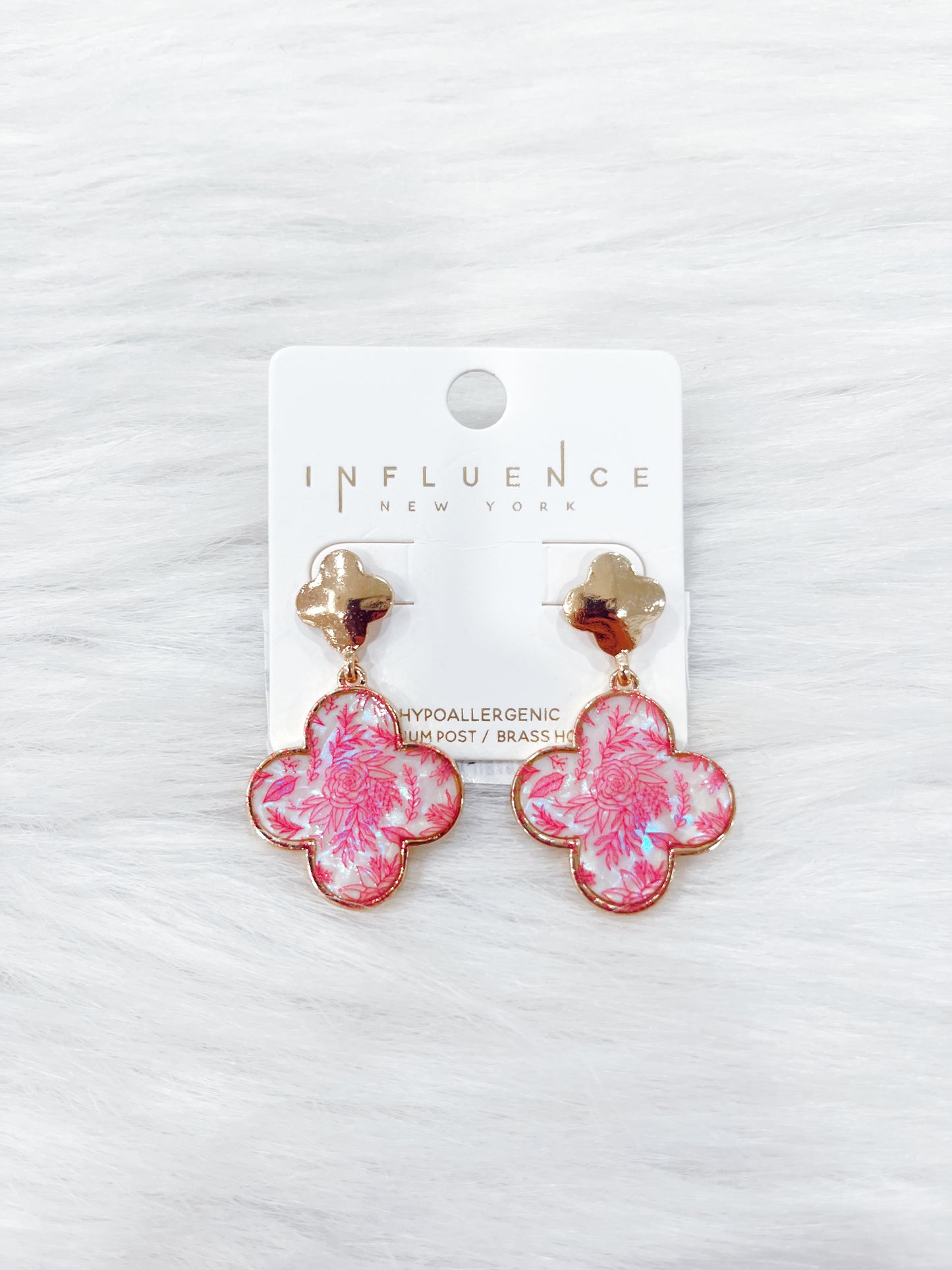 Pink Chinoiserie Clover Earrings