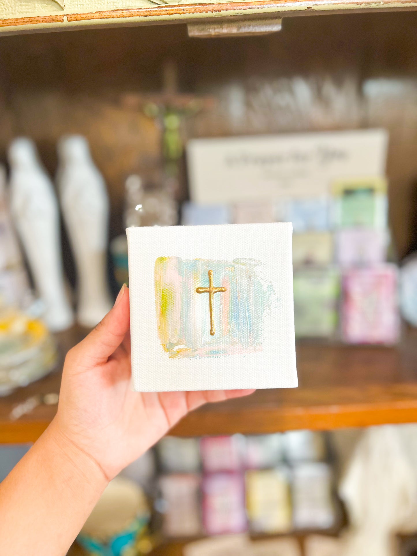 4x4 Gold Cross with Pastel Background Canvas Art