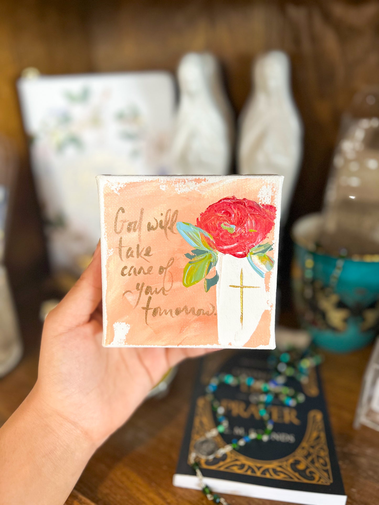 4x4 God Will Take Care of You Tomorrow Red Rose Canvas Art