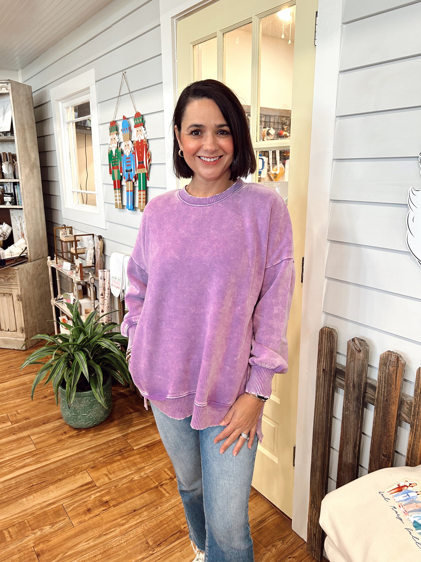 Acid Wash Fleece Hi-Low Hem Pullover Pockets