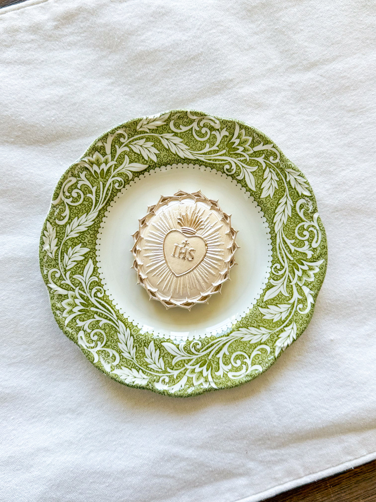 IHS Christogram Symbol Green Floral Plate