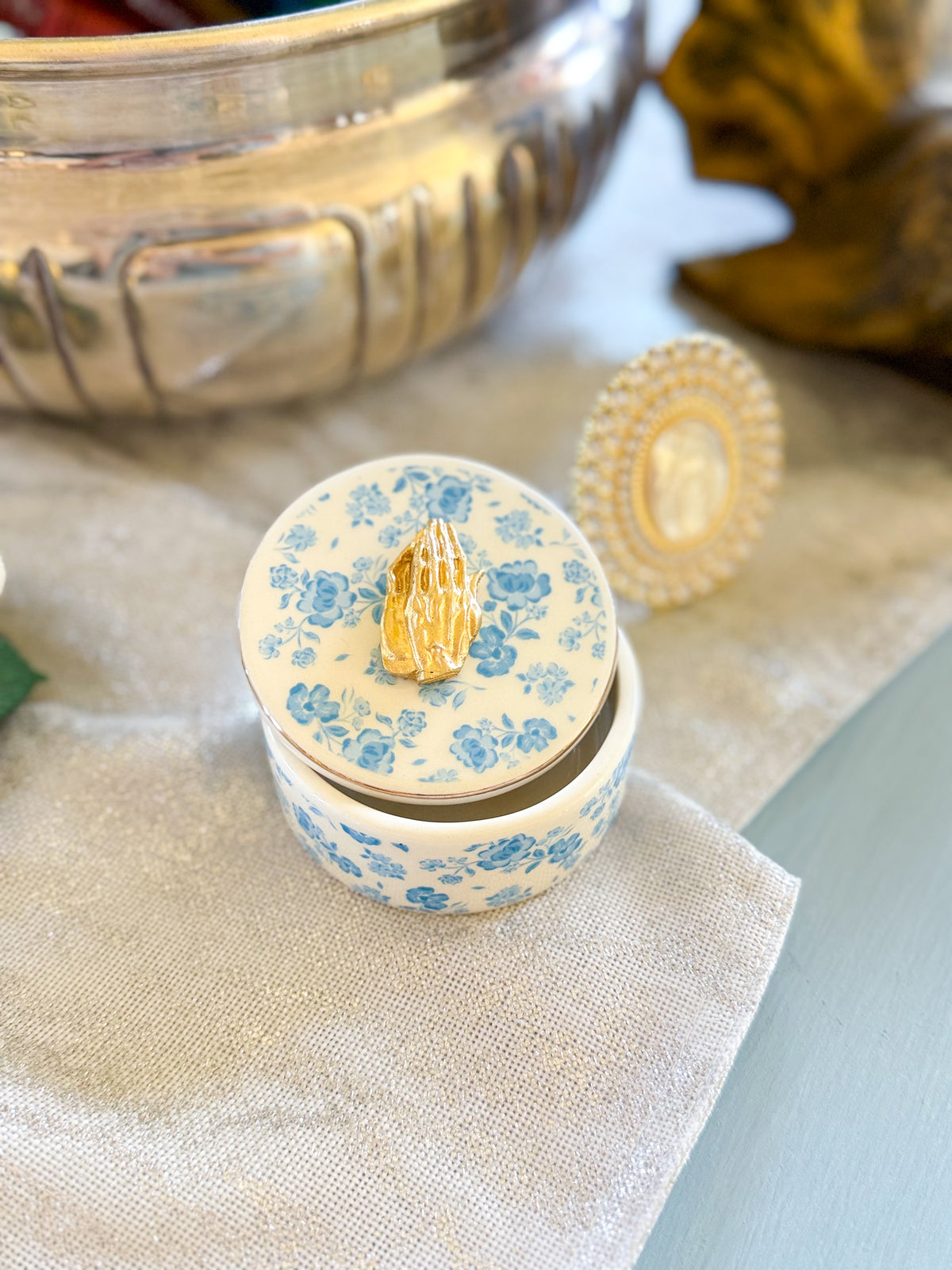 Prayer Hands Silhouette Blue Floral Ring Dish