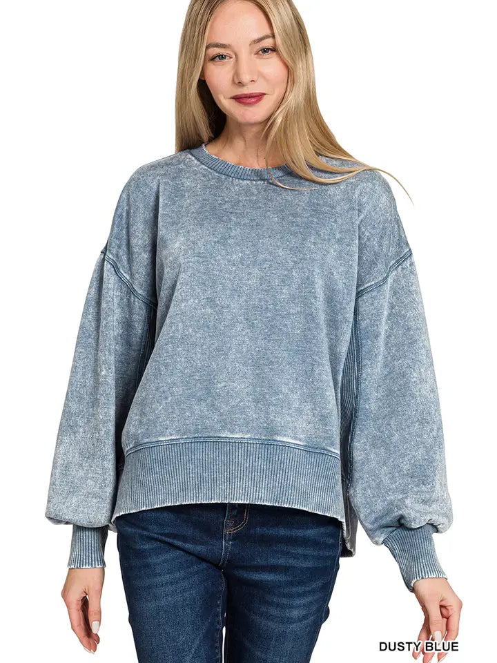 Acid Wash Fleece Oversized Pullover- Dusty Blue