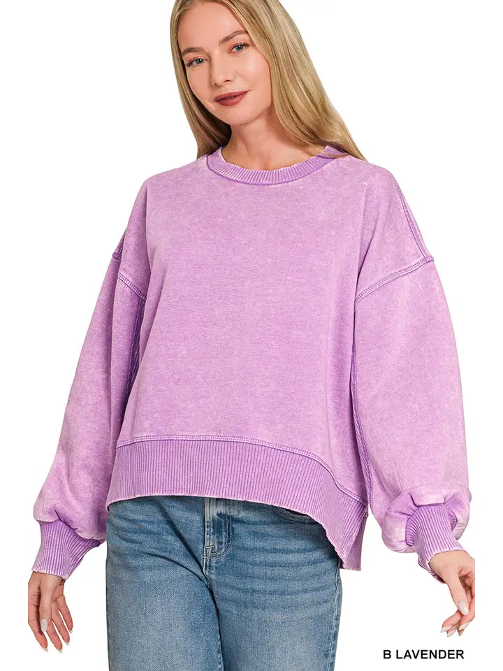 Acid Wash Fleece Oversized Pullover- B Lavender