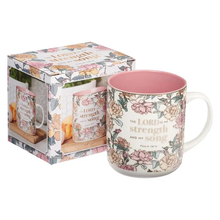 Mug- My White/Pink Roses Strength & My Song Ps. 118:14