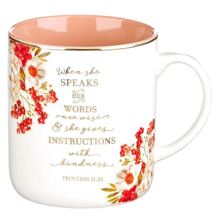 Mug- Coral/White Floral When She Speaks Prov. 31:26