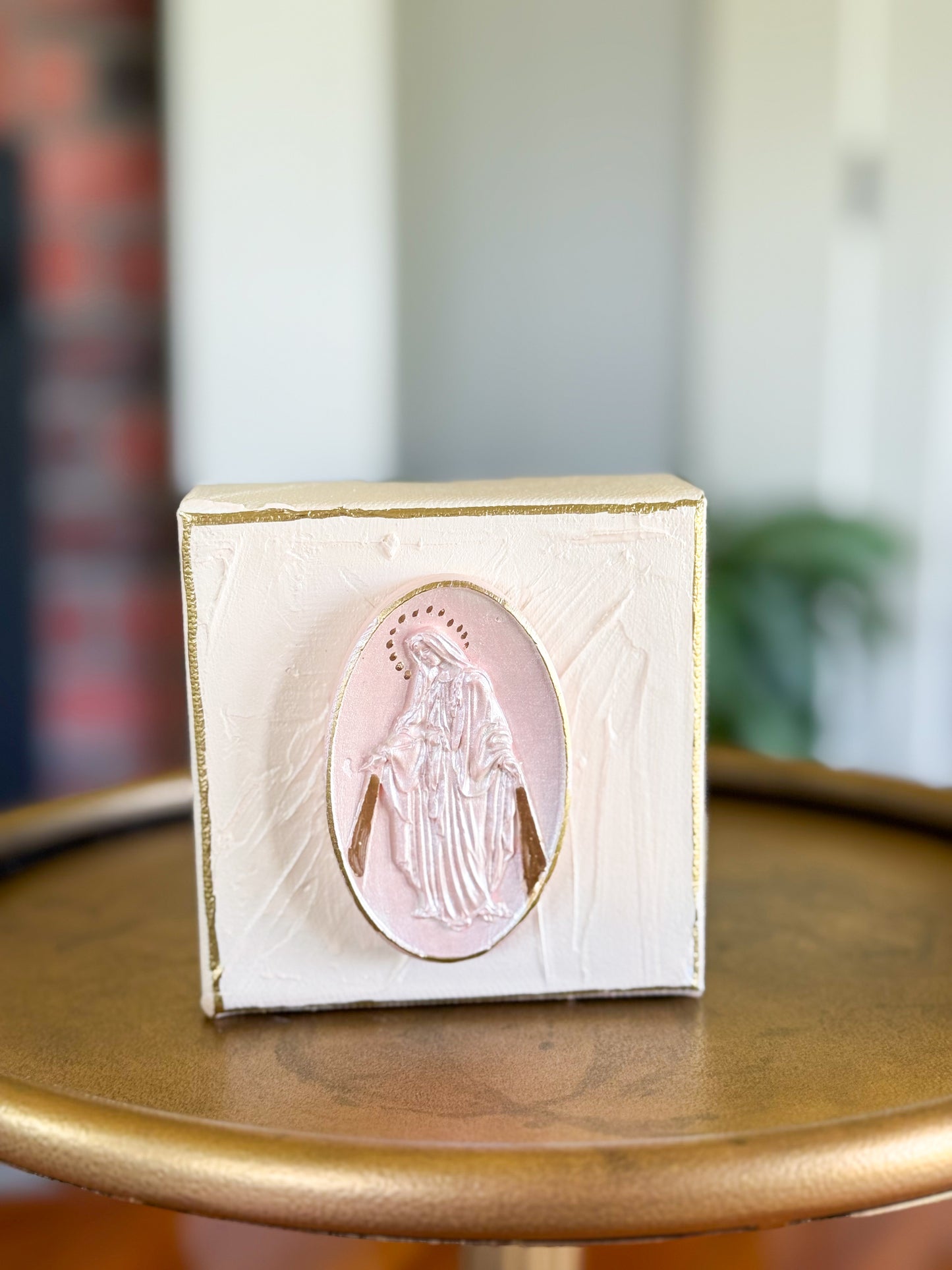 Our Lady of the Miraculous Medal on 4x4 Peach Canvas with Gold Accent
