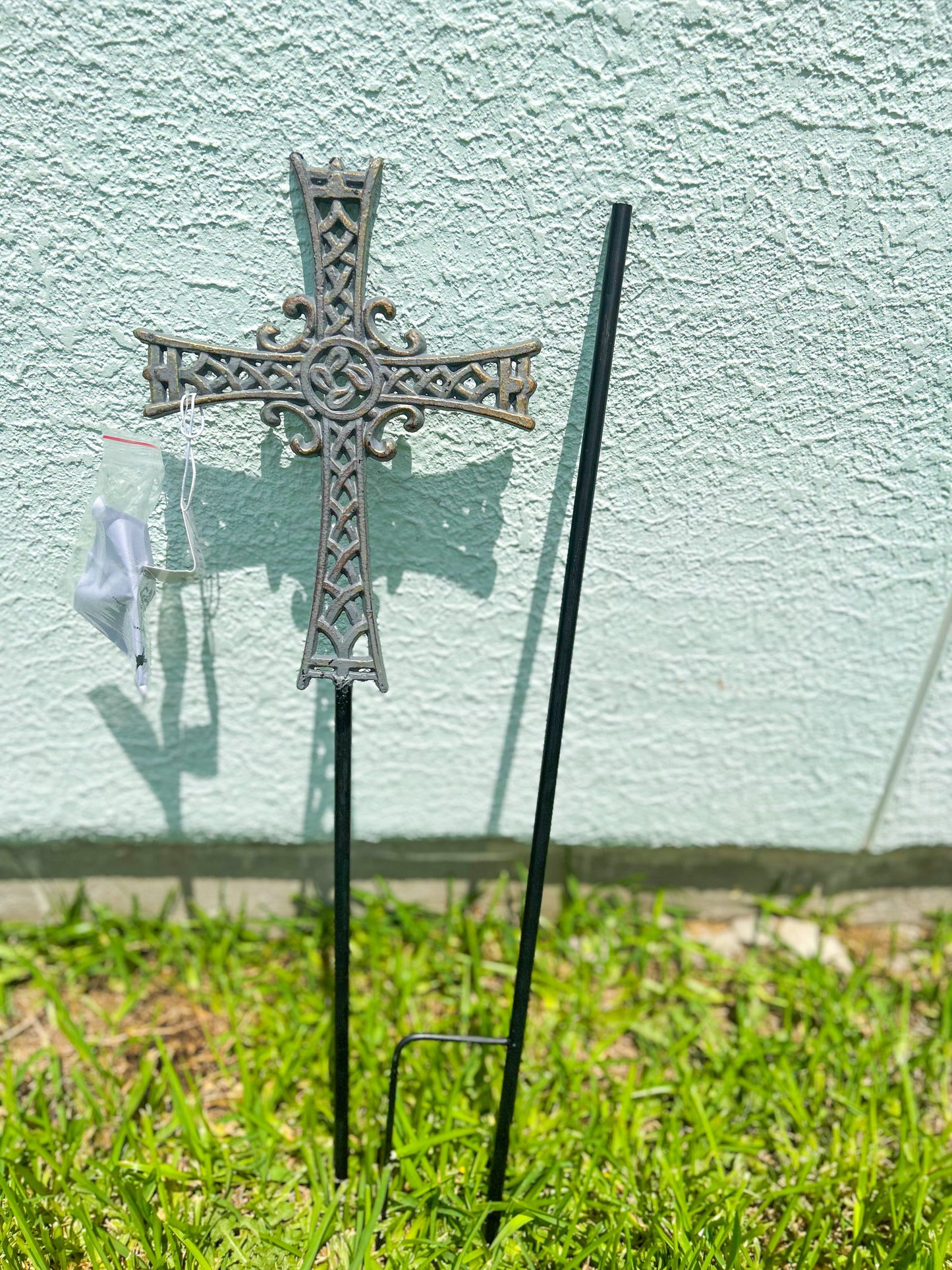 Large Grey with Gold Brush Cross Garden Stake