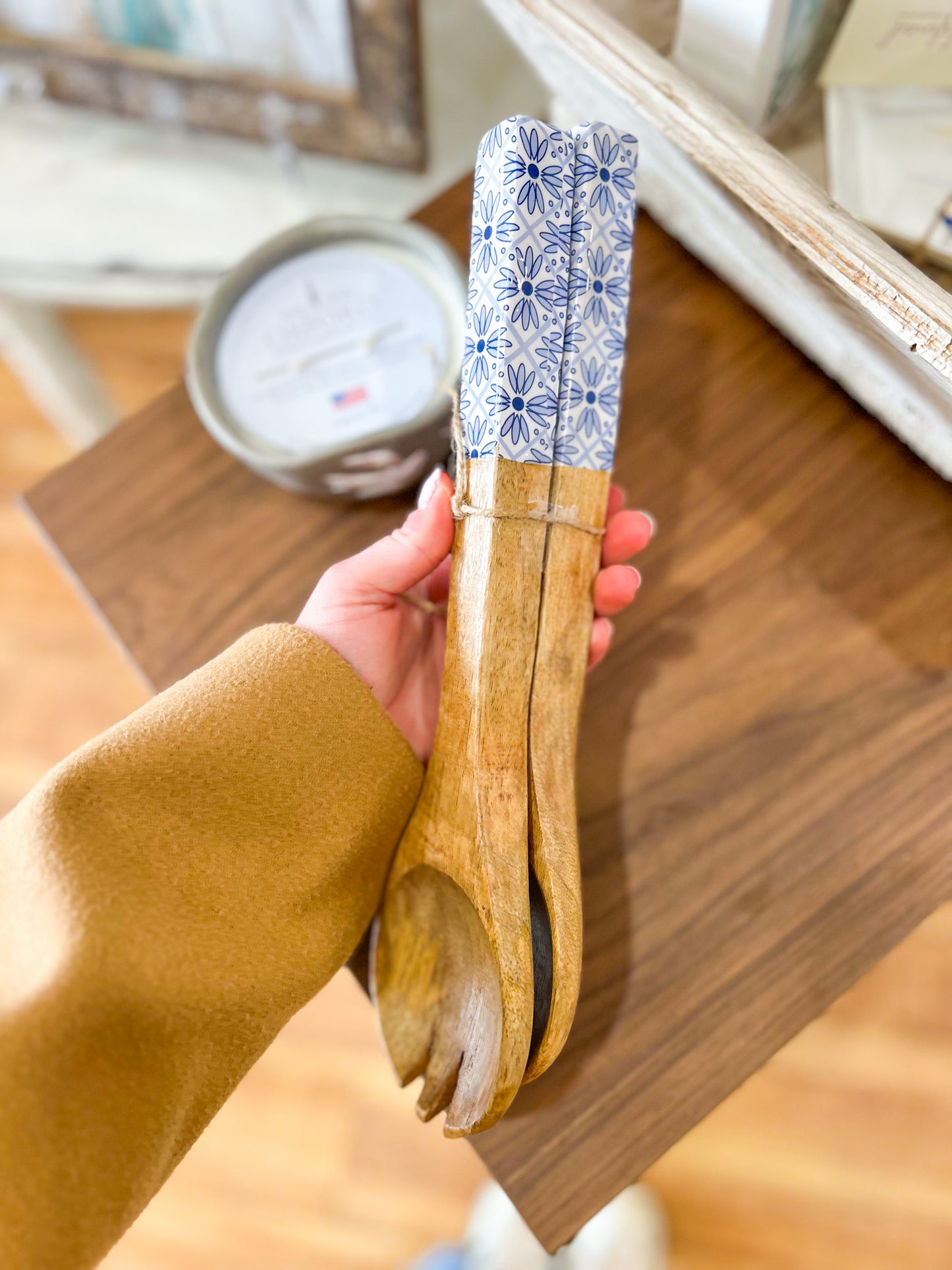 Blue and White Tile Pattern Wooden Servers