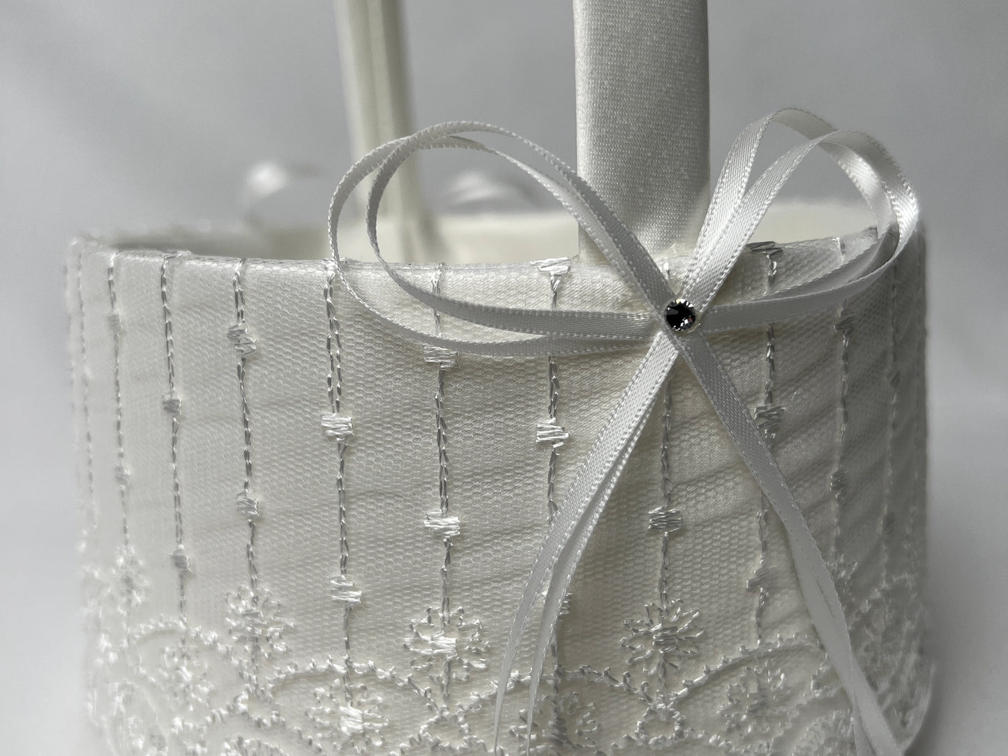 Round Wedding Flower Basket with Bows, Pearls, and Lace