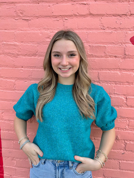 Peacock Blue Puff Sleeve Knitted Top