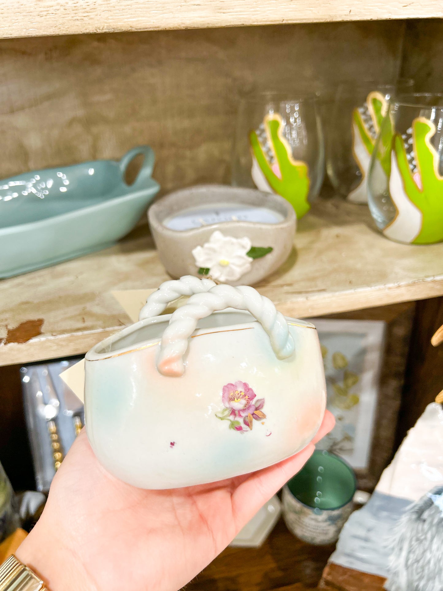 Vintage Floral Porcelain Trinket Basket