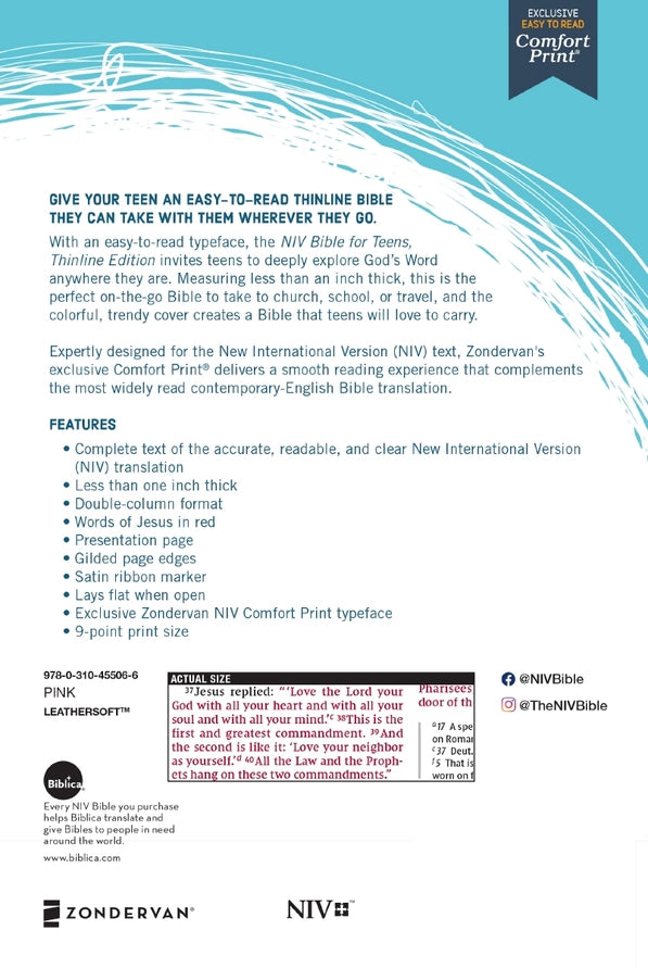 NIV Bible for Teens- Thinline Edition- Pink Leathersoft
