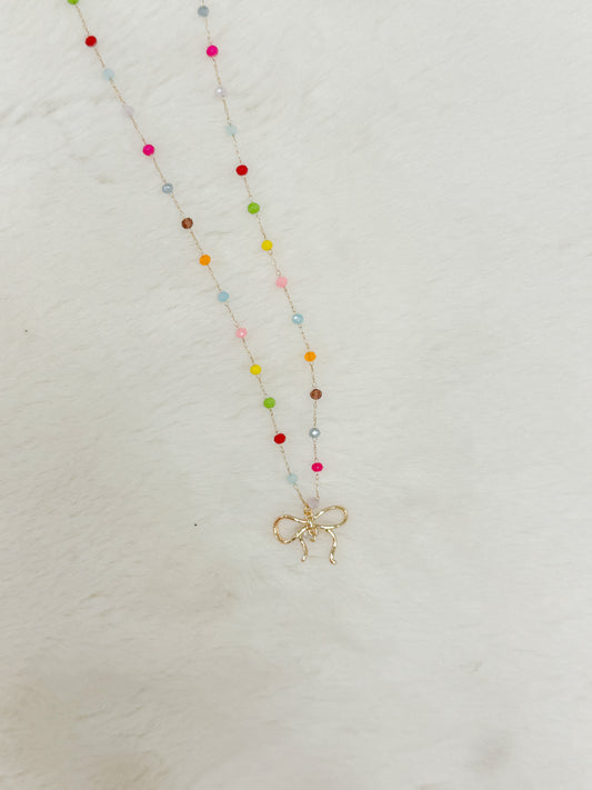 Rainbow Skies Bow Charm Beaded Chain Colorful Necklace