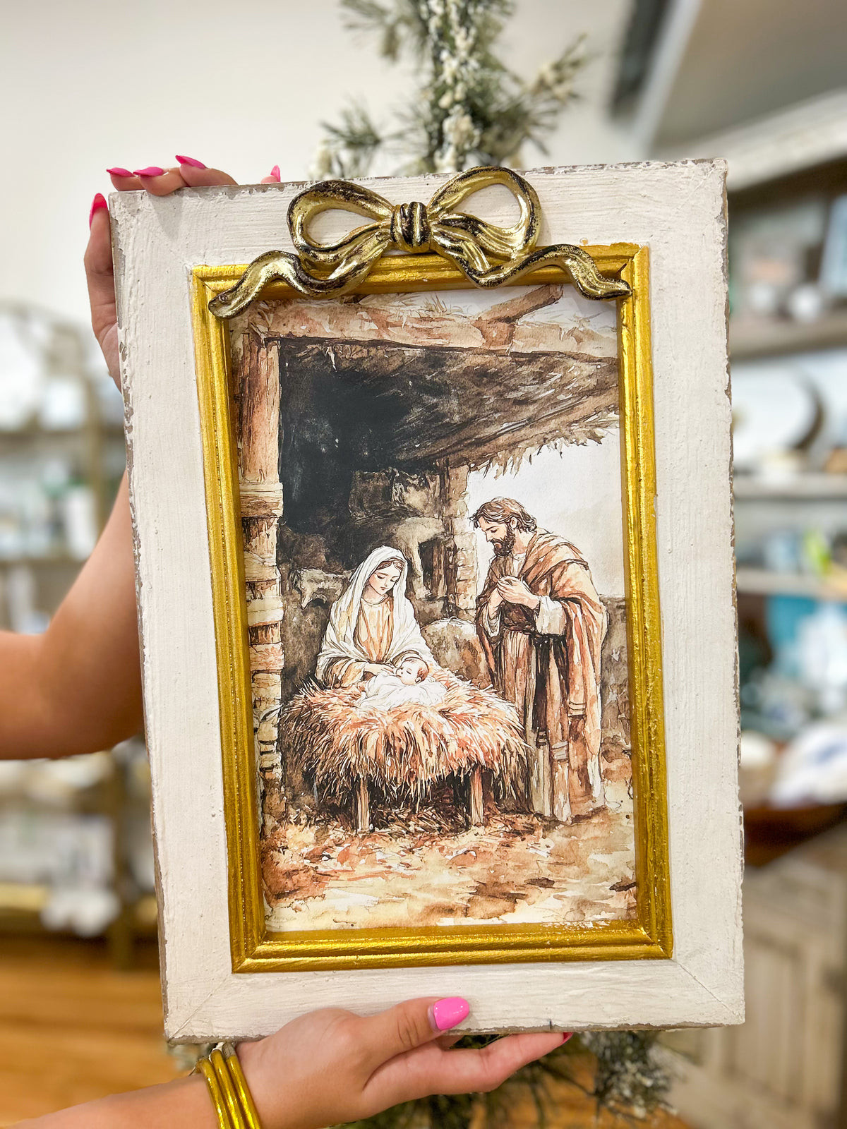16x11.5 Wooden Nativity Picture with Bow