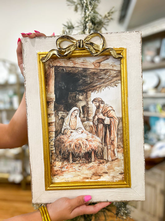 16x11.5 Wooden Nativity Picture with Bow