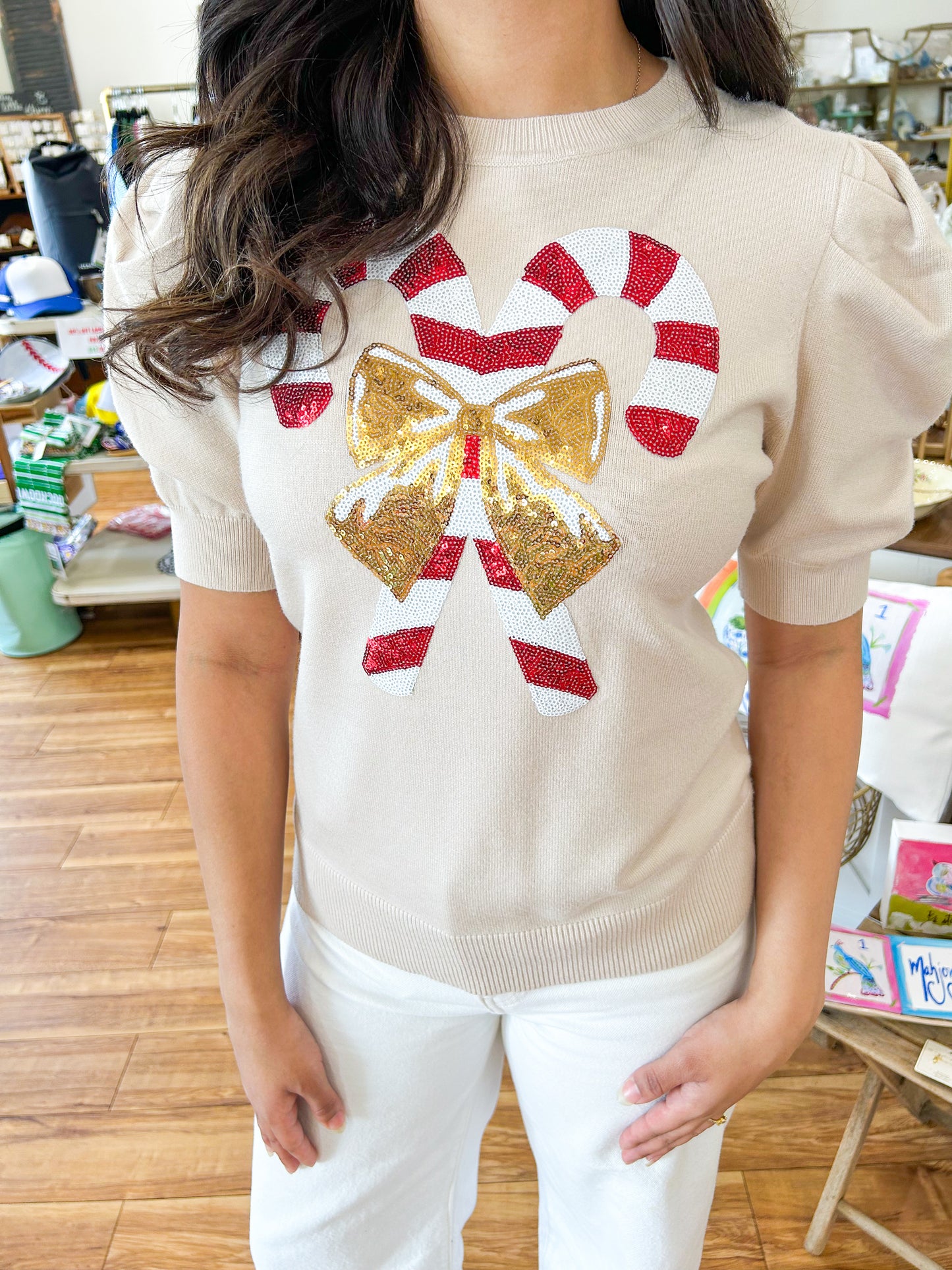 Candy Cane Short Sleeve Sweater- Cream