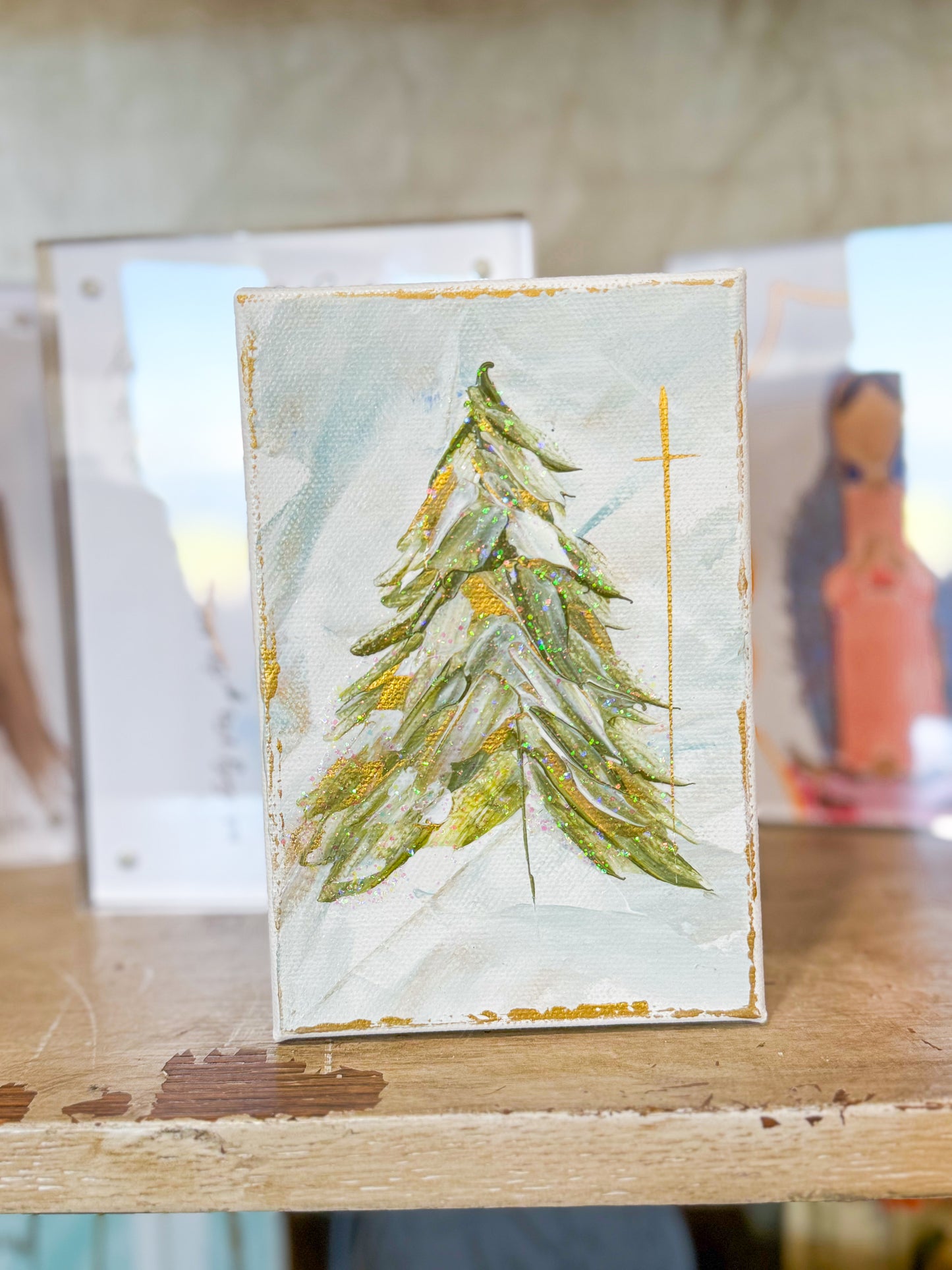 4x6 Sparkle Christmas Tree with Gold Blue — Hand-Painted Art