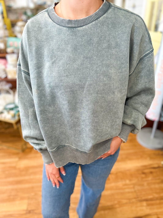 Acid Wash Fleece Oversized Pullover- Ash Jade