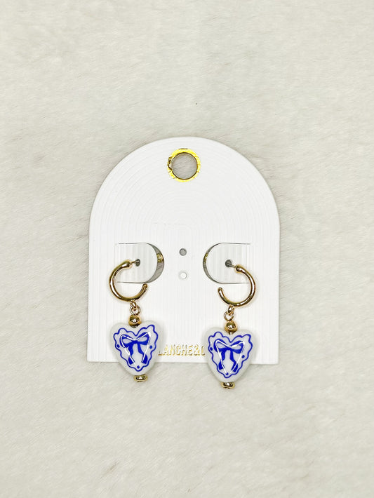 Blue Bow Heart Dangle Earrings