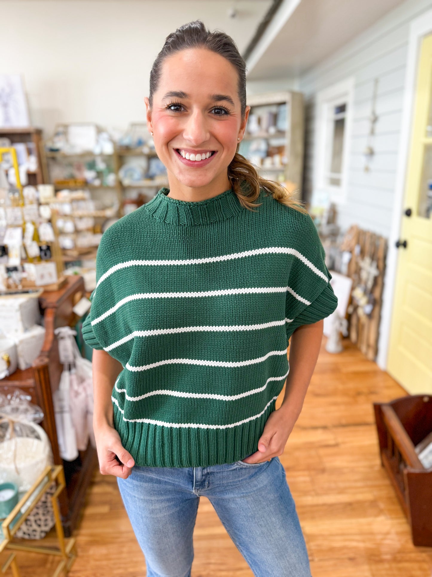 Striped Mock Neck Sweater-DK Green