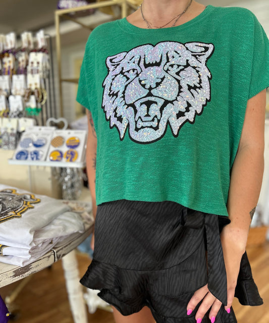 Green Bobcat Sequin Boxy Tee