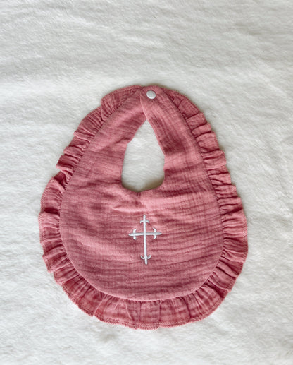 Ruffle Bib with Embroidered Cross