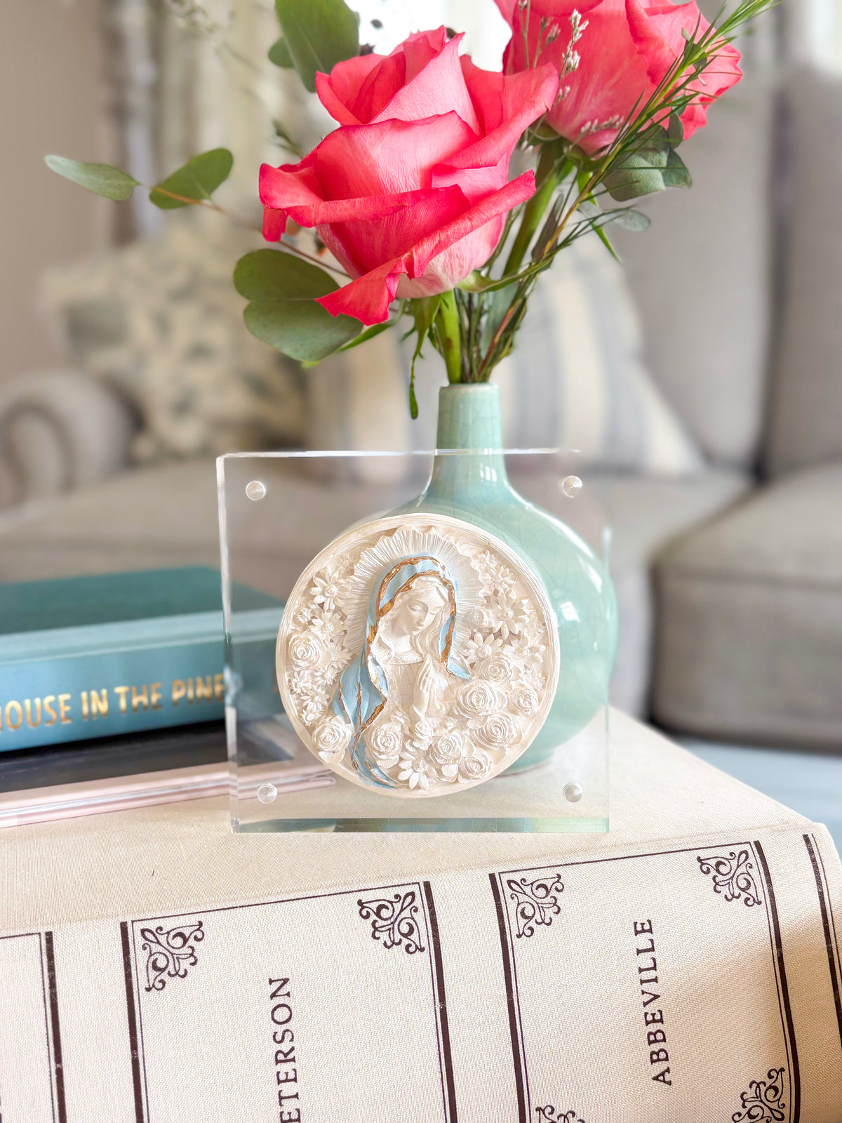 White/Blue Sculpted Rose Virgin Mary 4x4 Acrylic Frame Intaglio Artwork
