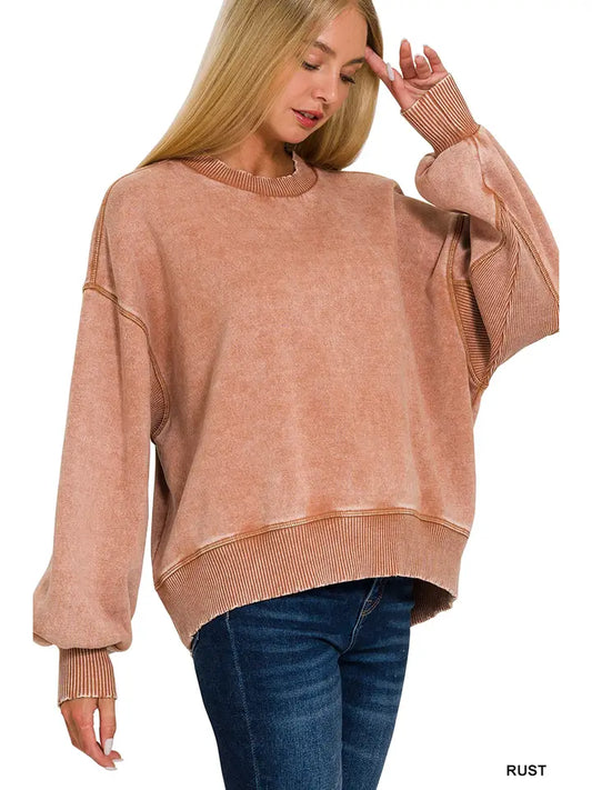 Acid Wash Fleece Oversized Pullover- Rust