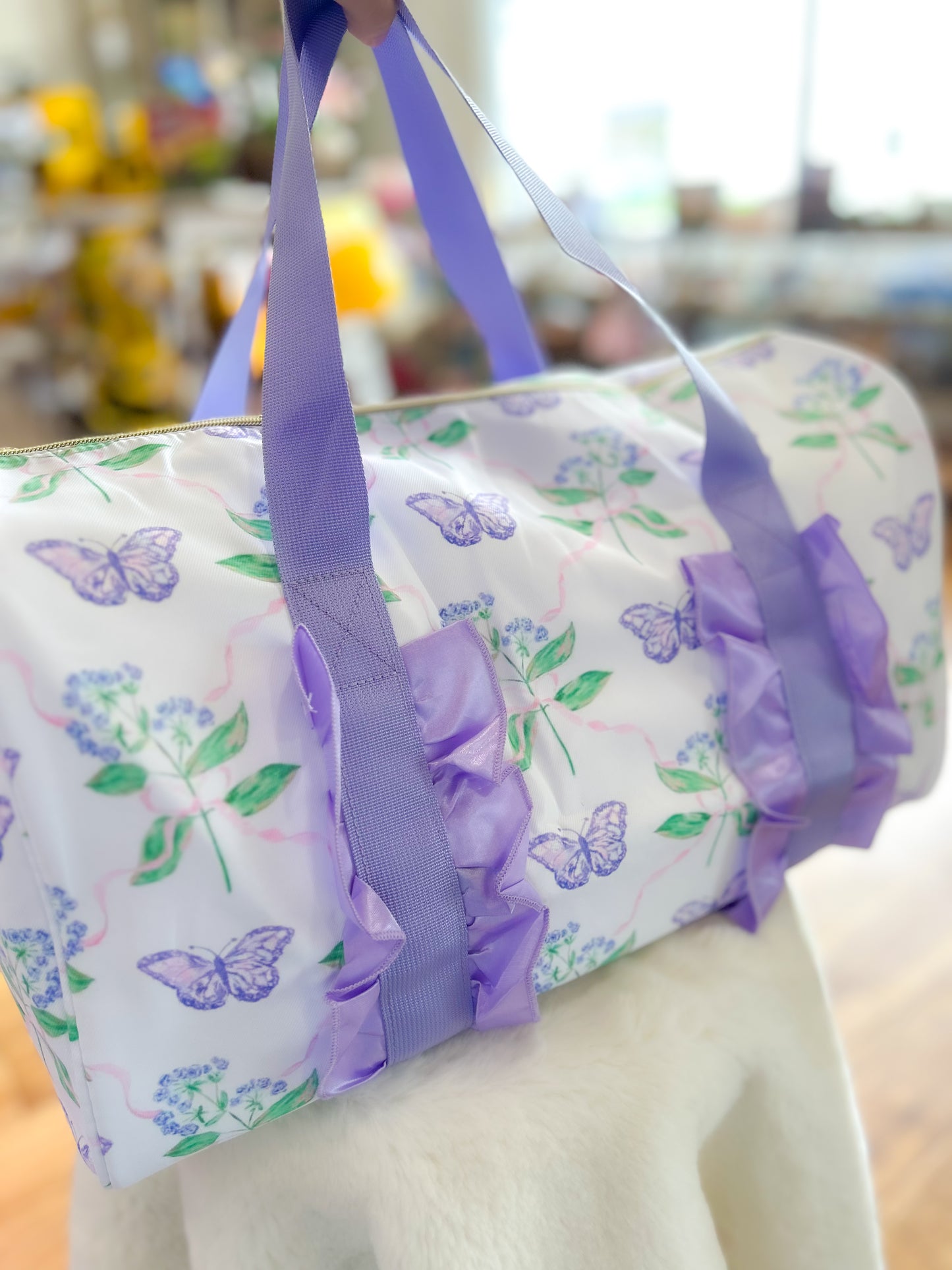 Lavender Ruffle Band Floral Butterfly Women Duffle Bag