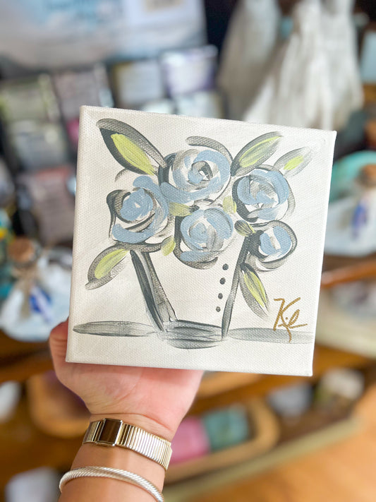 6x6 Blue Flowers in Grey Vase Canvas Art