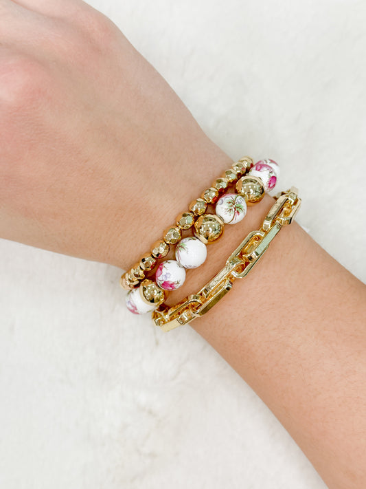 Pink & White Floral Beads Gold Stack Bracelets