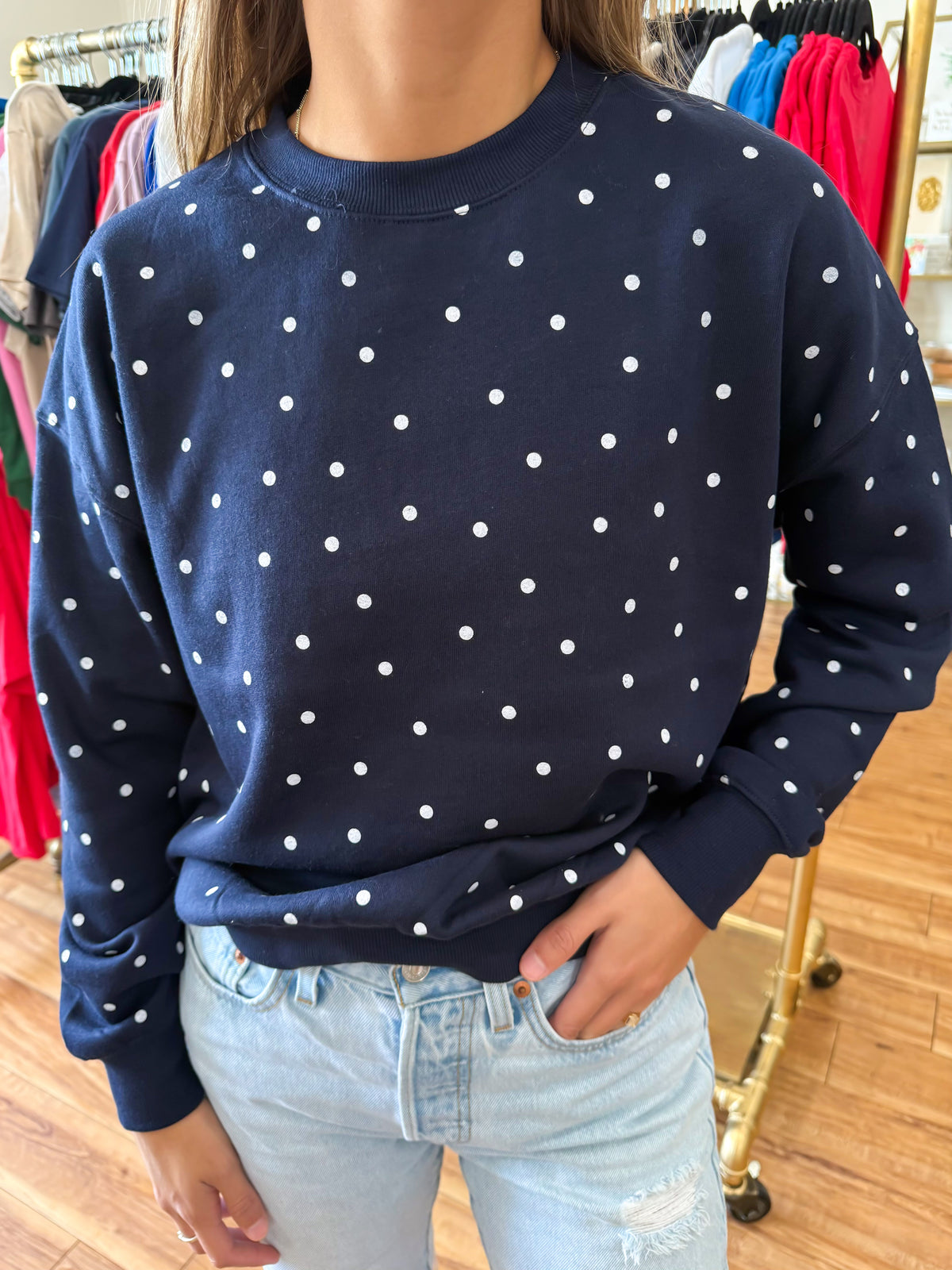 Fleece Babe Polka Dot Crew Neck Sweatshirt- Deep Navy