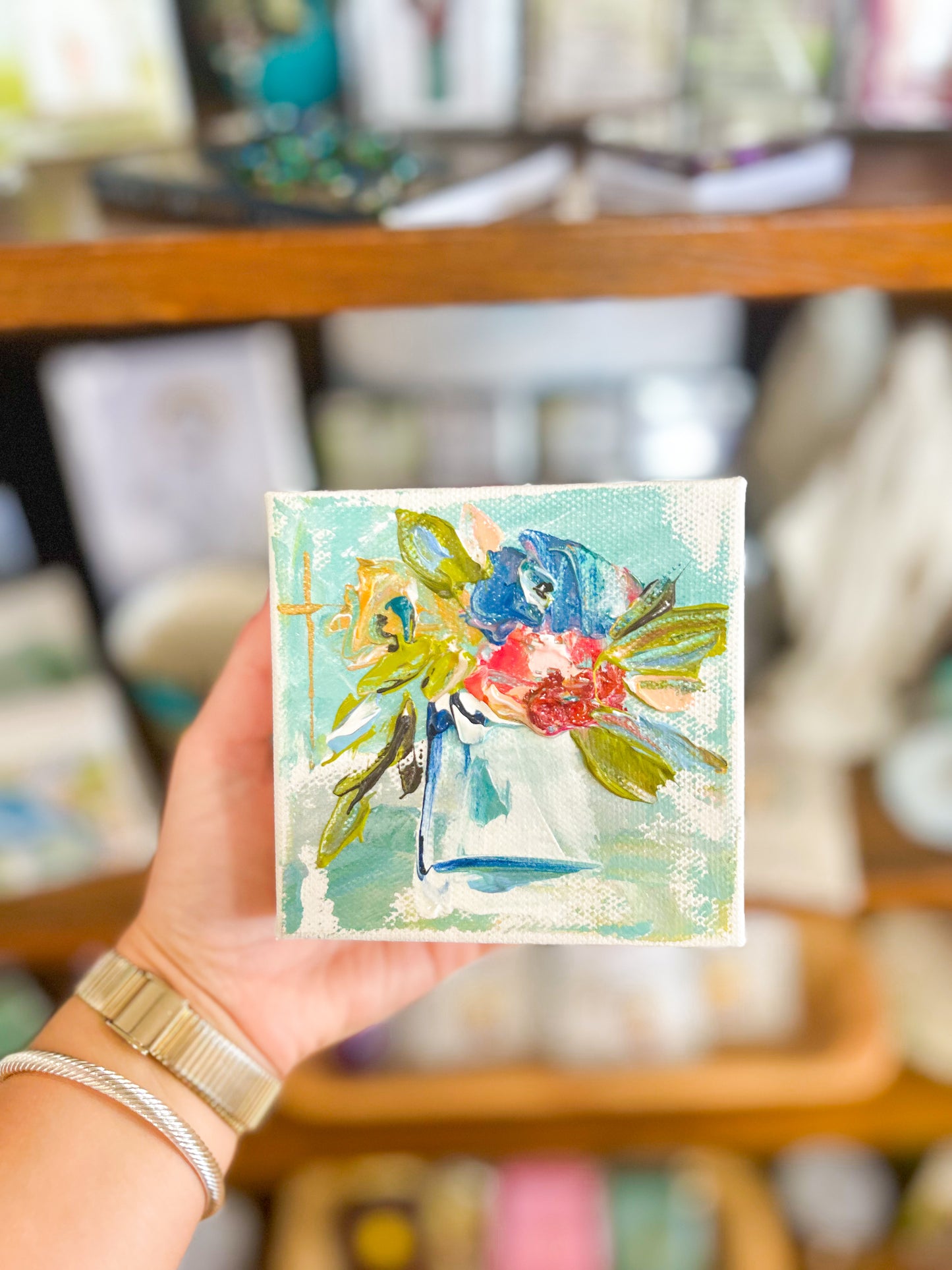 4x4 Floral Canvas with Cross and Blue Background