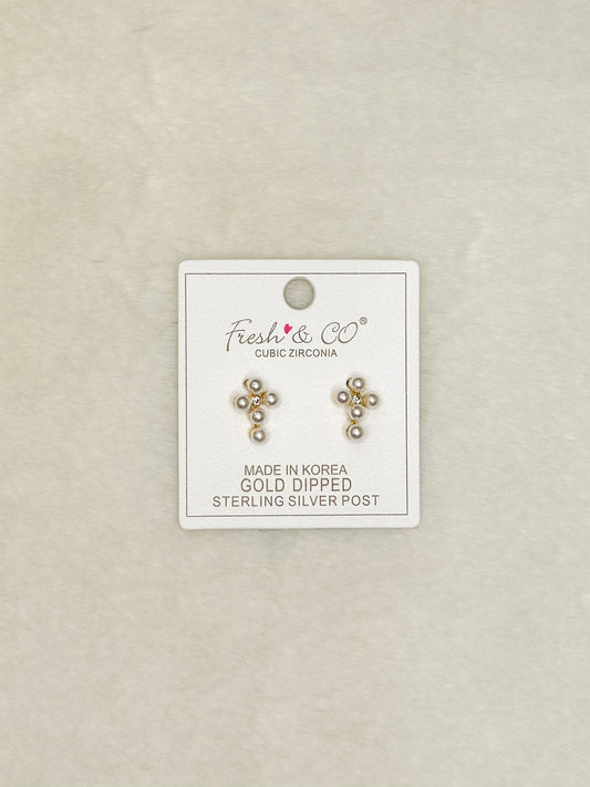 Pearls Cross Studs-- Simple Dainty Earrings