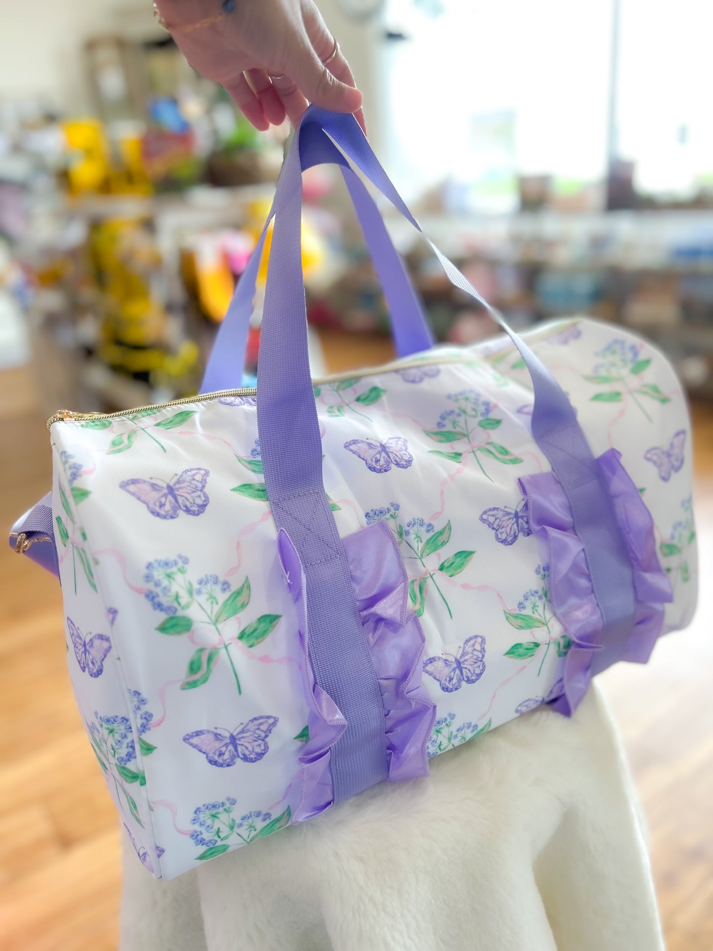 Lavender Ruffle Band Floral Butterfly Women Duffle Bag