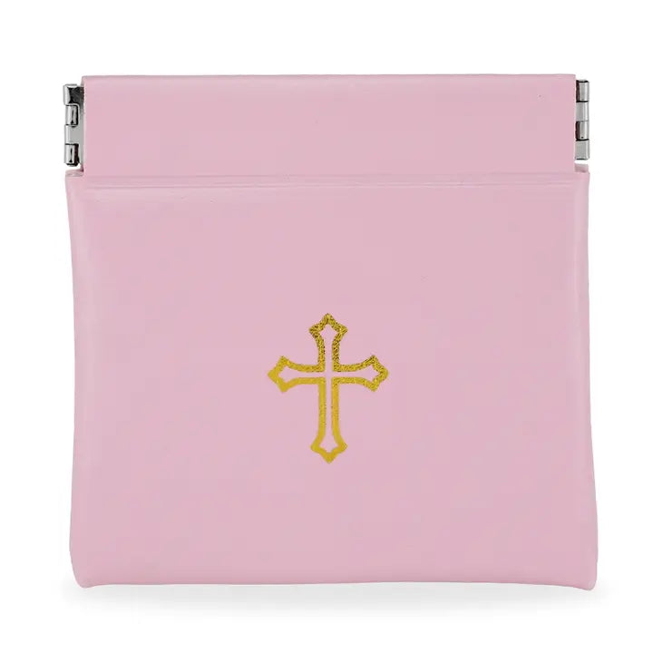 Vinyl Rosary Pouch Squeeze Top Gold Cross Imprint (Multiple Options)