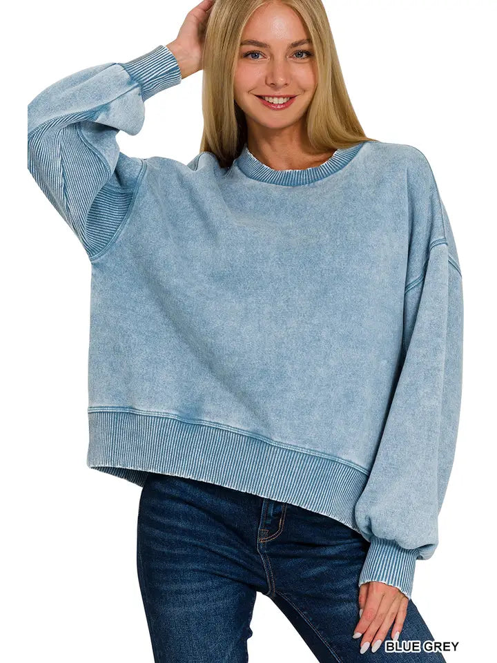 Acid Wash Fleece Oversized Pullover- Blue Grey