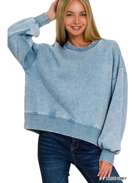 Acid Wash Fleece Oversized Pullover- Blue Grey