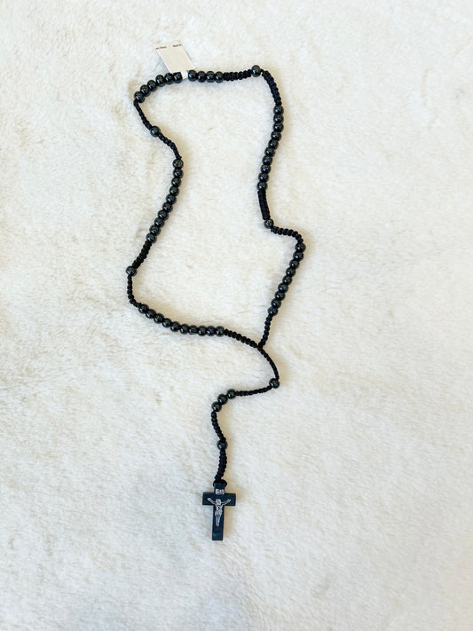 Black Wood Bead Rosary with Jesus Christ