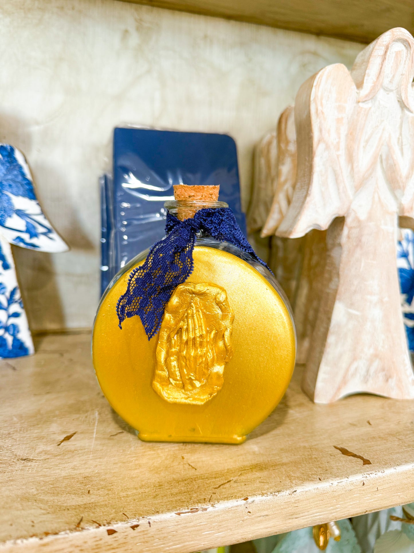 Glass Abstract Praying Hands Holy Water Container- Navy Lace