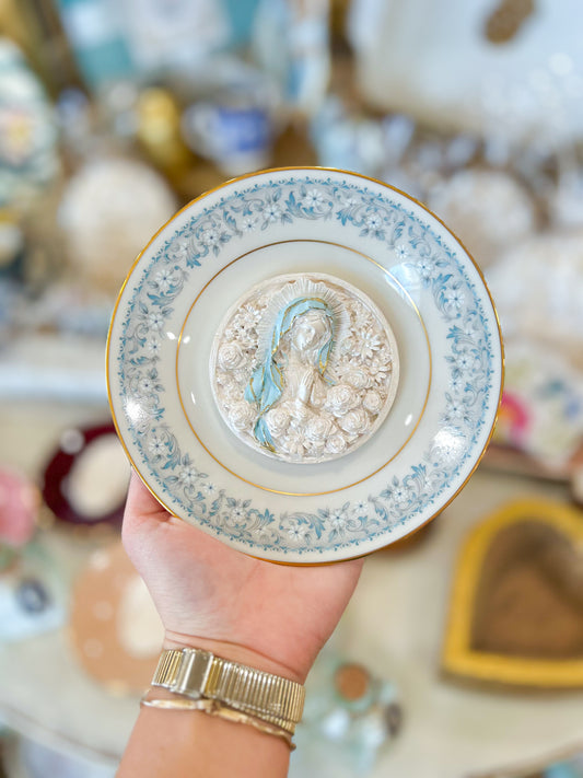 Blue Floral Sculpted Rose-Virgin Mary Plate