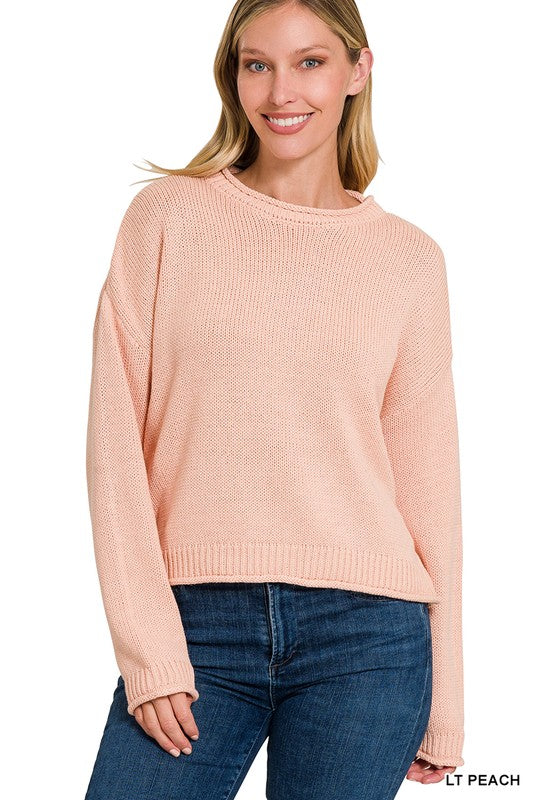 Light Peach Cotton Round Neck Basic Sweater