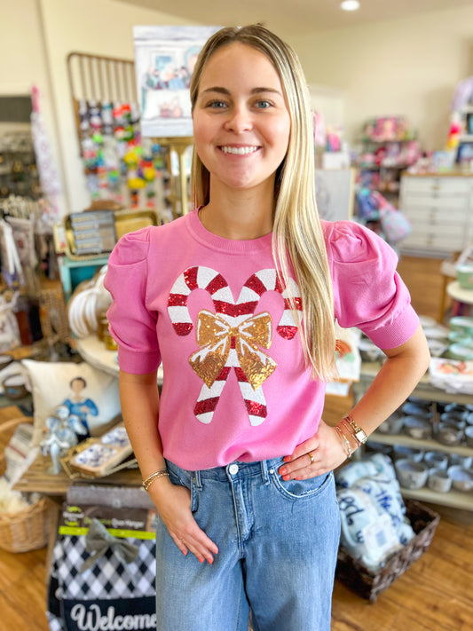 Candy Cane Short Sleeve Sweater- Pink