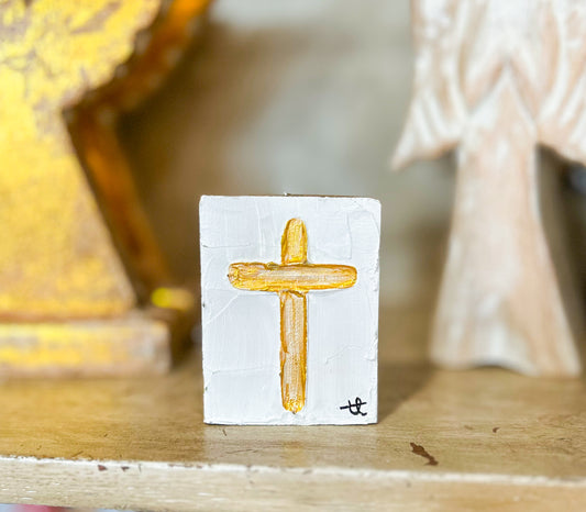 Mini Gold White Cross Wood Ornament
