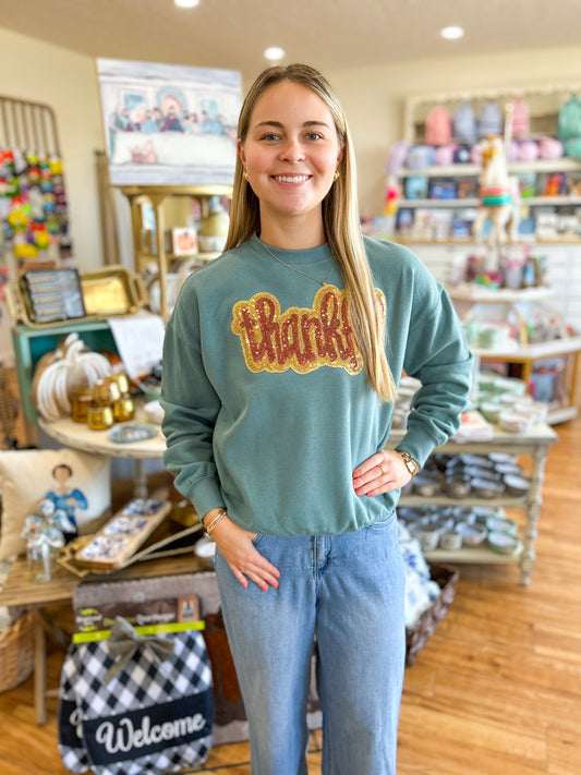 Sequin Thankful Sweatshirt- Teal