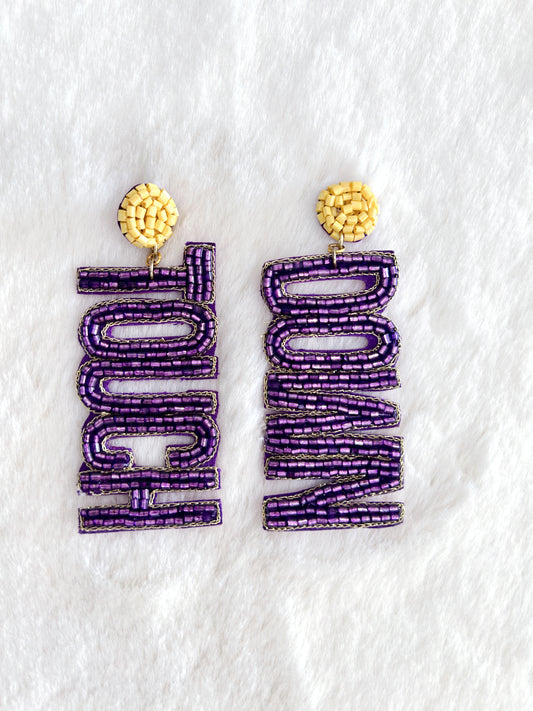 Purple and Gold Touch Down Beaded Earrings