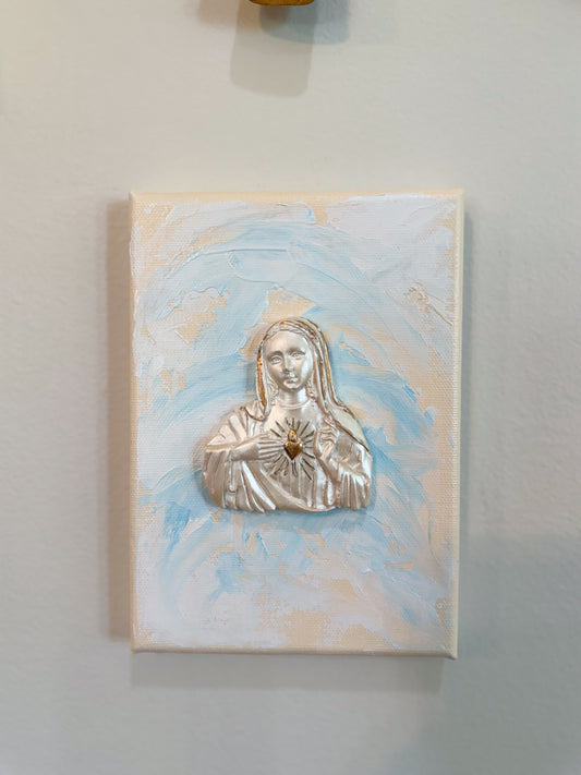 Immaculate Heart of Mary- Silhouette with Gold Accent on 5x7 Peach/Blue Canvas