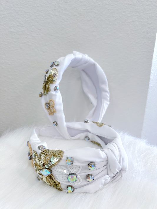 Jeweled Knot White Bow Headband