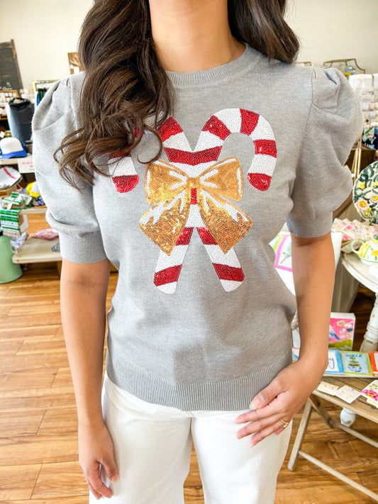 Candy Cane Short Sleeve Sweater- Grey